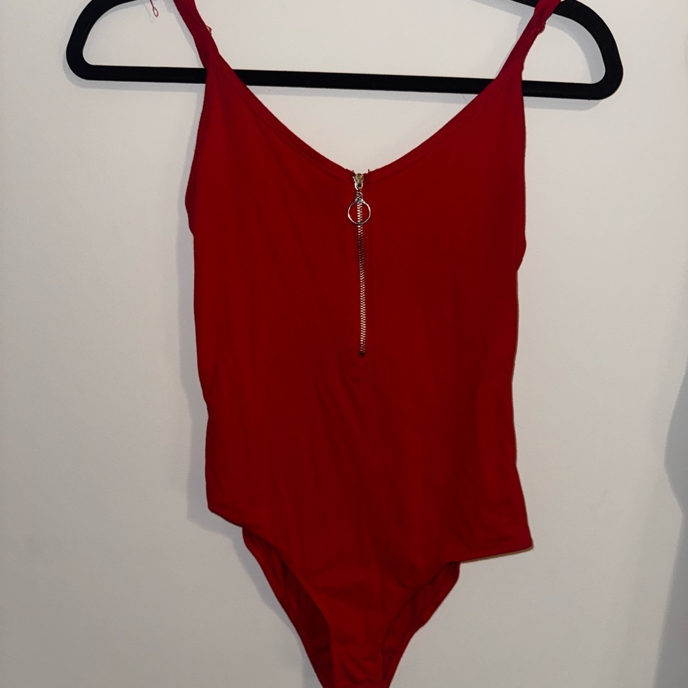 Red Bodysuit with Zipper Detail